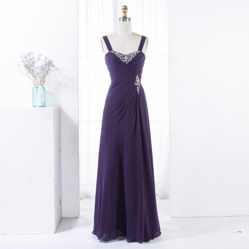 A-Line Straps Floor-Length Grape Chiffon Bridesmaid Dress with Beading