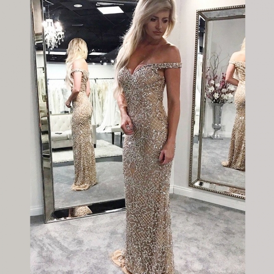 Mermaid Off-the-Shoulder Champagne Long Prom Dress with Beading - Click Image to Close