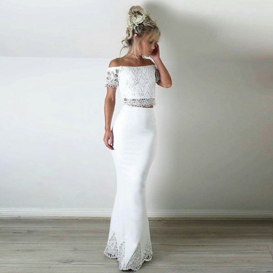 Two Piece Off-the-Shoulder Short Sleeves White Prom Dress with Lace - Click Image to Close