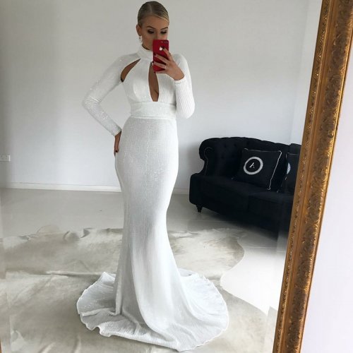 Mermaid High Neck Long Sleeves White Sequined Prom Dress with Keyhole