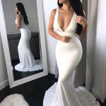 Mermaid Deep V-Neck Sleeveless Sweep Train White Elastic Satin Prom Dress