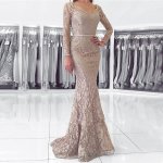 Mermaid V-Neck Backless Long Sleeves Light Champagne Lace Prom Dress