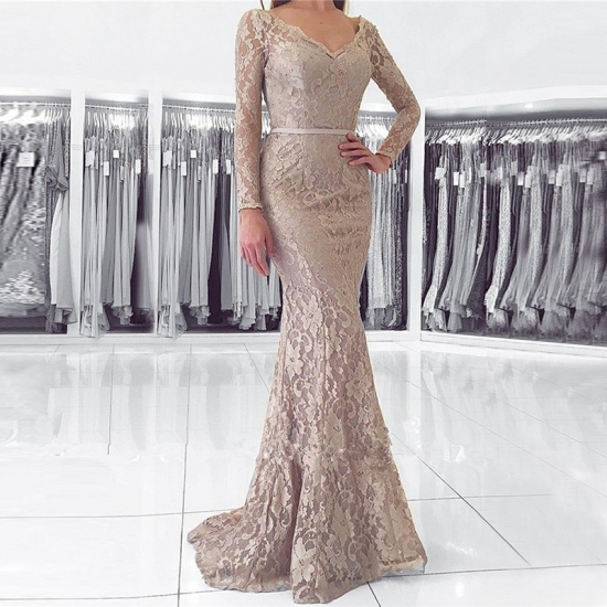 Mermaid V-Neck Backless Long Sleeves Light Champagne Lace Prom Dress - Click Image to Close