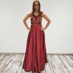 Two Piece V-Neck Floor-Length Burgundy Satin Prom Dress with Lace Beading