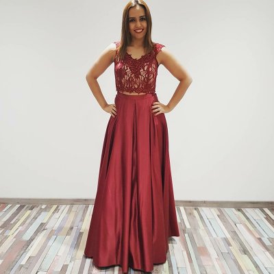Two Piece V-Neck Floor-Length Burgundy Satin Prom Dress with Lace Beading