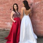 A-Line Spaghetti Straps Backless Red Satin Prom Dress with Beading Pockets