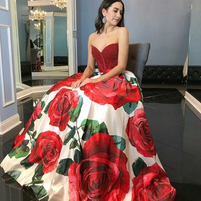 A-Line Sweetheart Floor-Length Floral Printed Satin Prom Dress with Beading