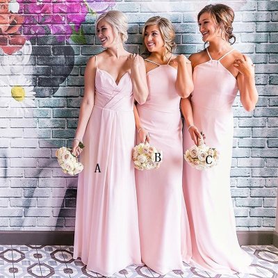A-Line Spaghetti Straps Long Pink Chiffon Bridesmaid Dress with Ruched