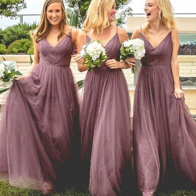 A-Line Spaghetti Straps Long Dusty Rose Tulle Bridesmaid Dress