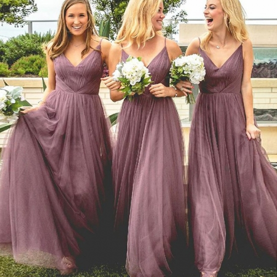 A-Line Spaghetti Straps Long Dusty Rose Tulle Bridesmaid Dress - Click Image to Close