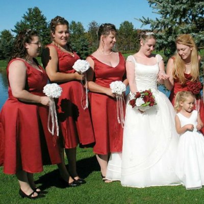 A-Line V-Neck Backless Tea-Length Red Satin Bridesmaid Dress