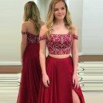 Two Piece Off-the-Shoulder Burgundy Long Prom Dress with Embroidery