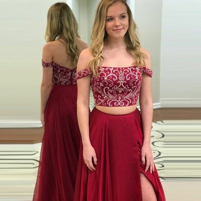 Two Piece Off-the-Shoulder Burgundy Long Prom Dress with Embroidery
