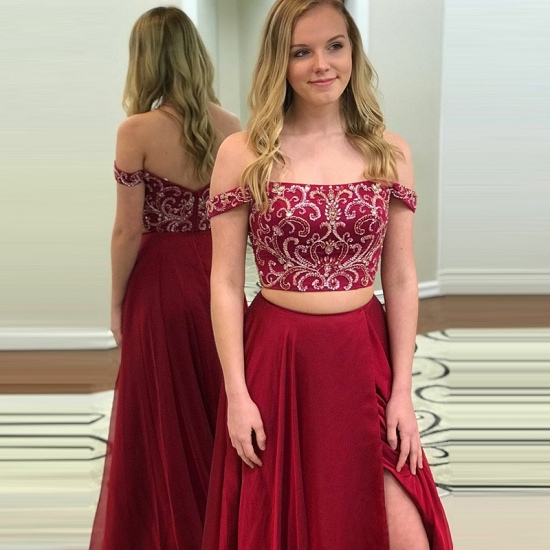 Two Piece Off-the-Shoulder Burgundy Long Prom Dress with Embroidery - Click Image to Close
