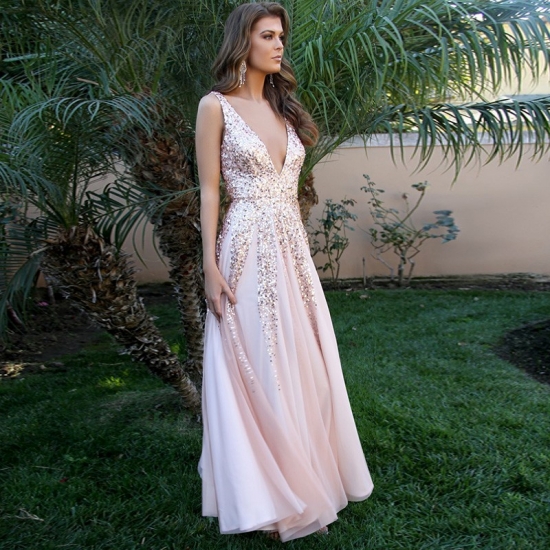 A-Line Deep V-Neck Backless Long Pink Prom Dress with Sequins - Click Image to Close