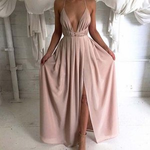 A-Line Deep V-Neck Backless Long Blush Chiffon Prom Dress with Split