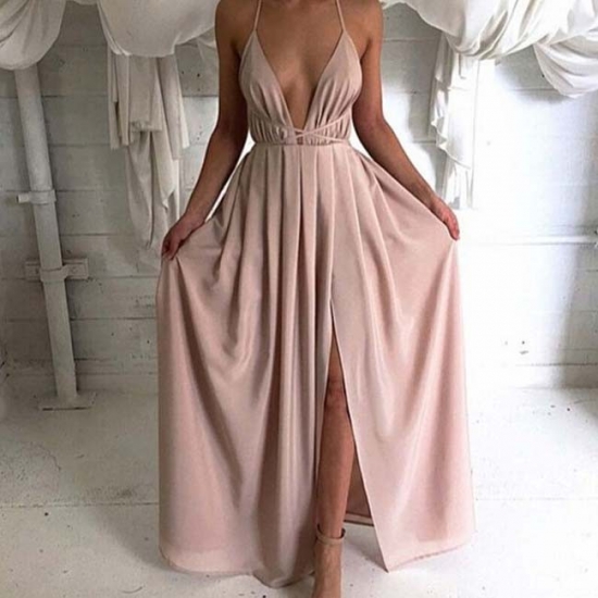 A-Line Deep V-Neck Backless Long Blush Chiffon Prom Dress with Split - Click Image to Close