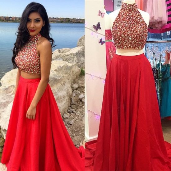 Sexy Two Piece Beaded Prom Dresses with Split Side - Click Image to Close