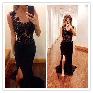 Elegant Luxurious Sheath Scoop Sweep Train Chiffon Black Evening/Prom Dress With Beading