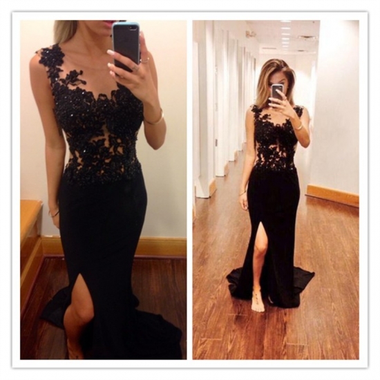 Elegant Luxurious Sheath Scoop Sweep Train Chiffon Black Evening/Prom Dress With Beading - Click Image to Close