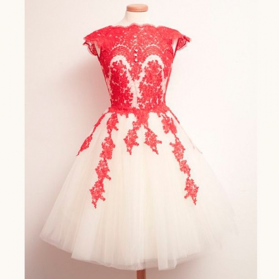 Luxurious A-Line Jewel Cap Sleeves Short Red Homecoming Dress With Lace - Click Image to Close