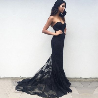 Mermaid Sweetheart Sweep Train Black Tulle Prom Bridesmaid Dress with Appliques