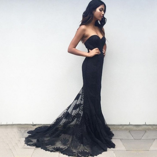Mermaid Sweetheart Sweep Train Black Tulle Prom Bridesmaid Dress with Appliques - Click Image to Close