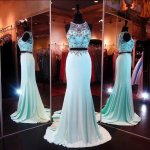 A-Line Scoop Sweep Train Chiffon Sky Blue Prom Dress With Beading