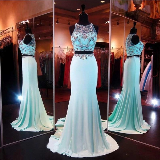 A-Line Scoop Sweep Train Chiffon Sky Blue Prom Dress With Beading - Click Image to Close