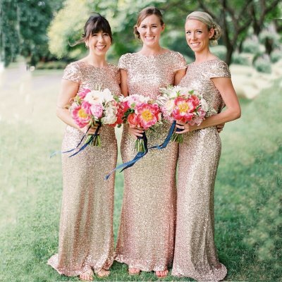 Sheath Scoop Short Sleeves Backless Rose Gold Sequined Bridesmaid Dress