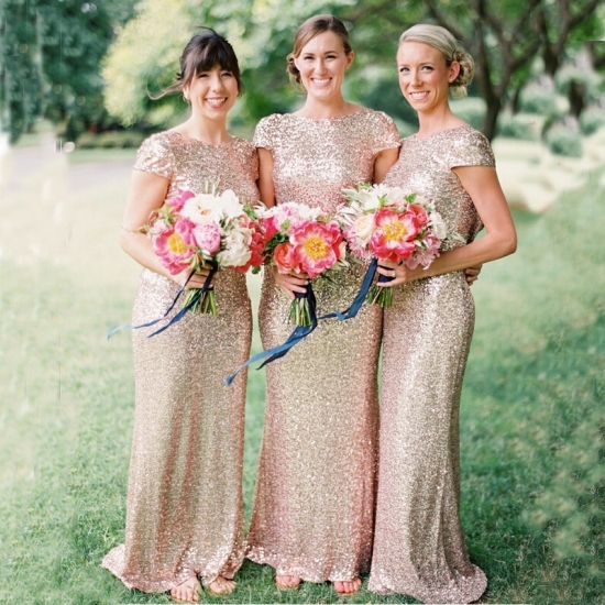 Sheath Scoop Short Sleeves Backless Rose Gold Sequined Bridesmaid Dress - Click Image to Close