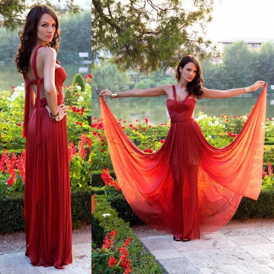 Elegant Long Chiffon Prom Dress - Red A-Line Halter Sleeveless - Click Image to Close