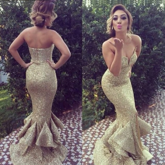 Mermaid Sweetheart Sweep Train Gold Sequined Prom Dress - Click Image to Close
