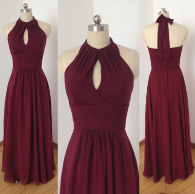 Dignified Prom Dress -Burgundy A-line Halter Sleeveless with Keyhole