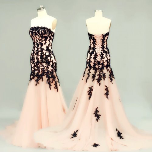 Elegant Prom Dress -Peach A-Line Strapless Sleeveless with Lace