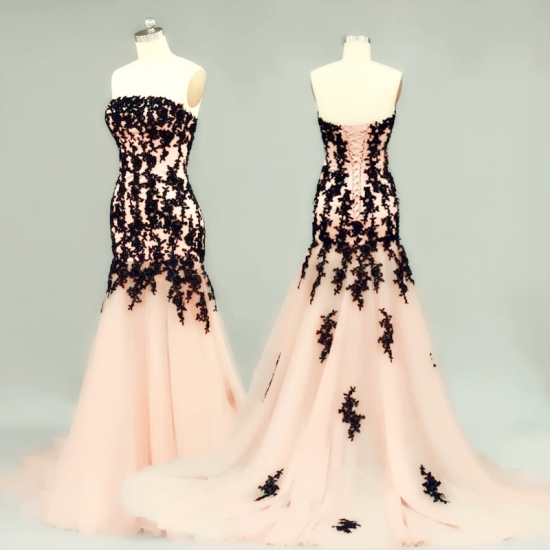 Elegant Prom Dress -Peach A-Line Strapless Sleeveless with Lace - Click Image to Close