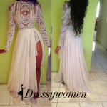 Sexy Embroidery Wedding Prom Gown - White Lace Sheer Crystal Belt Chiffon Dress