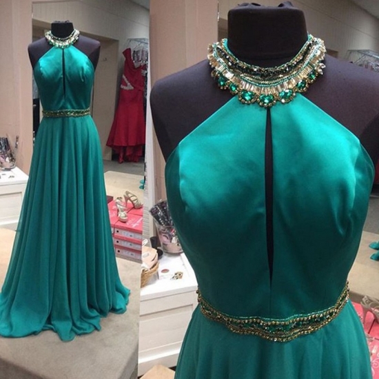 Elegant Prom Dress -Turquoise A-Line Halter Sleeveless with Rhinstone - Click Image to Close
