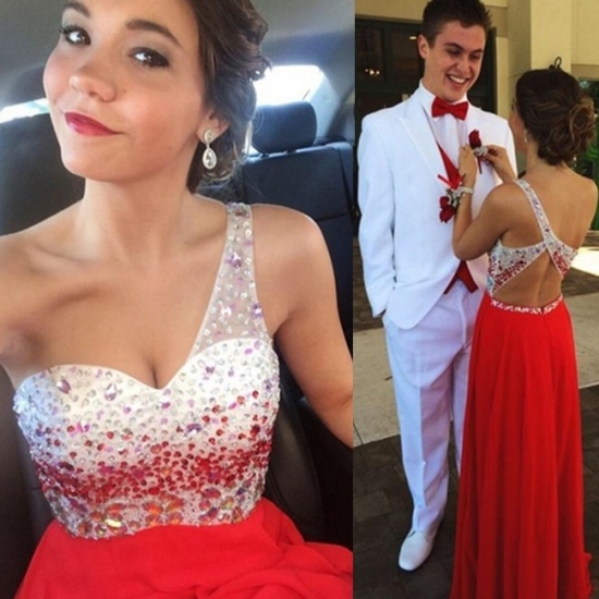 Elegant Long Prom/Evening Dress - Red One Shoulder with Beaded - Click Image to Close
