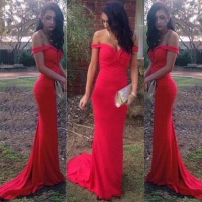 Gorgeous Prom Dress -Red Mermaid Off-the-Shoulder Sweep Train with Ruffles