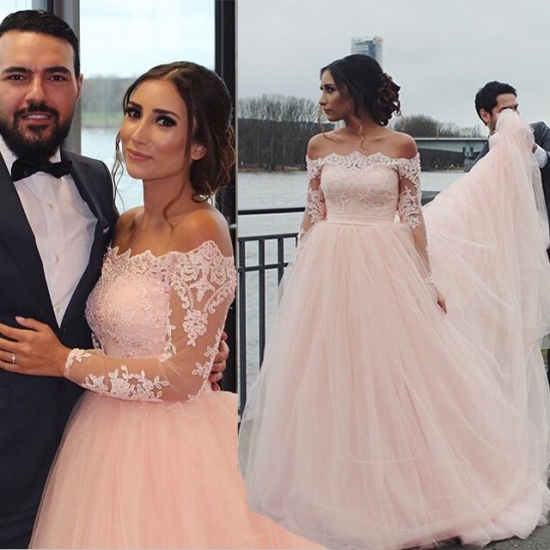 High Quality Wedding Party Dress - Light Pink Bateau Tulle with Appliques - Click Image to Close
