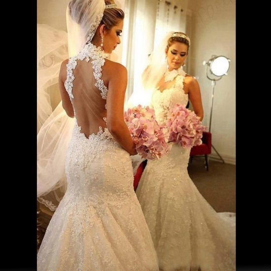 Elegant Mermaid Wedding Dress - High Neck with Appliques - Click Image to Close