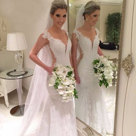 Elegant V-Neck Lace Mermaid Wedding Dress for Bridal - Click Image to Close