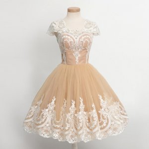 Ball Gown Cap Sleeves Champagne Homecoming Dresses with Appliques