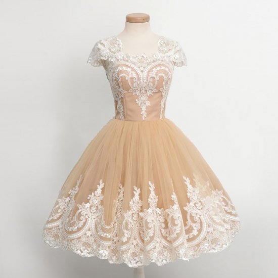 Ball Gown Cap Sleeves Champagne Homecoming Dresses with Appliques - Click Image to Close