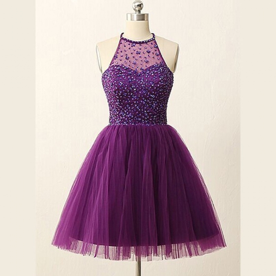 Elegant Halter Short Illusion Back Purple Homecoming Dresses with Rhinestones - Click Image to Close