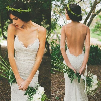 High Quality V-neck Sheath Wedding Dress with Court Train Backless Spagnetti Straps