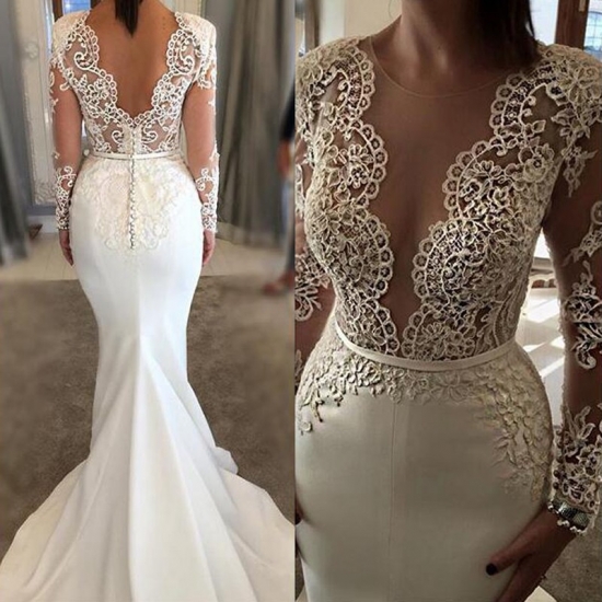 Fabulous Jewel Long Sleeves Sweep Train Wedding Dress with Lace Top Illusion Back - Click Image to Close