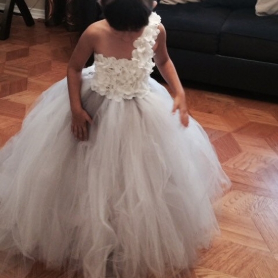 One Shoulder Light Grey Flower Girl Dress with Flowers - Click Image to Close