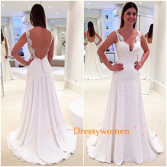 Elegant V -Neck Modern Style Open Back Chiffon Lace Wedding Dresses SAWD-30233 with Appliques - Click Image to Close